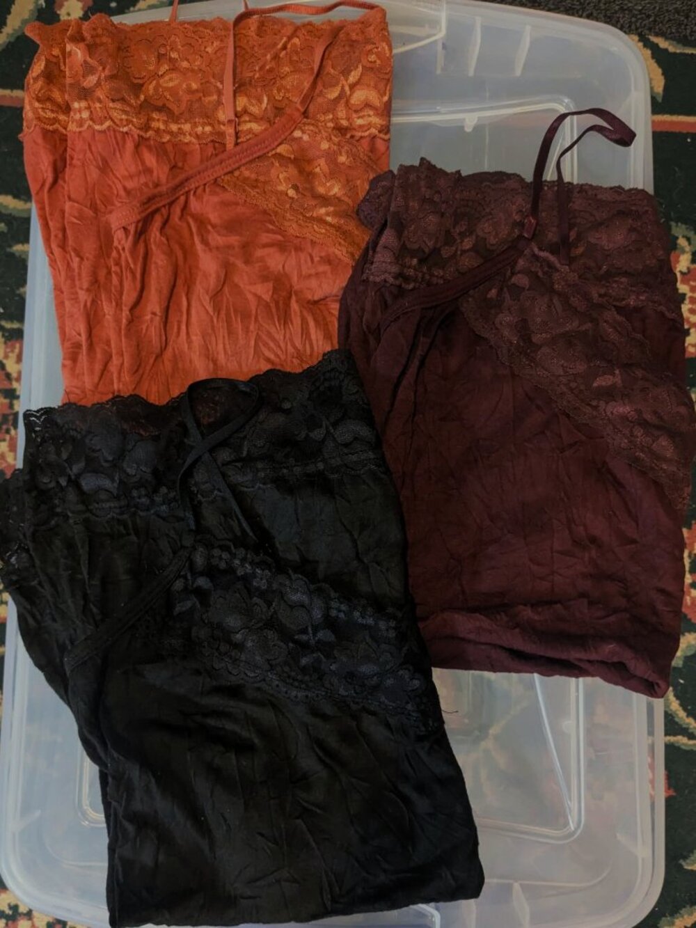 THREE Maurice's Brand Lace Trim Crinkle Camisoles SIZE LARGE (Rust, Black, Burgu
